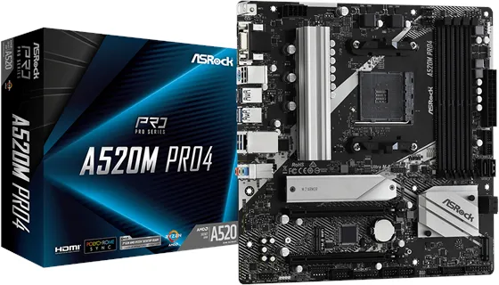 ASRock A520M Pro4 -moderkort - AMD A520 - AMD AM4 -sockel - DDR4 RAM - Micro-ATX